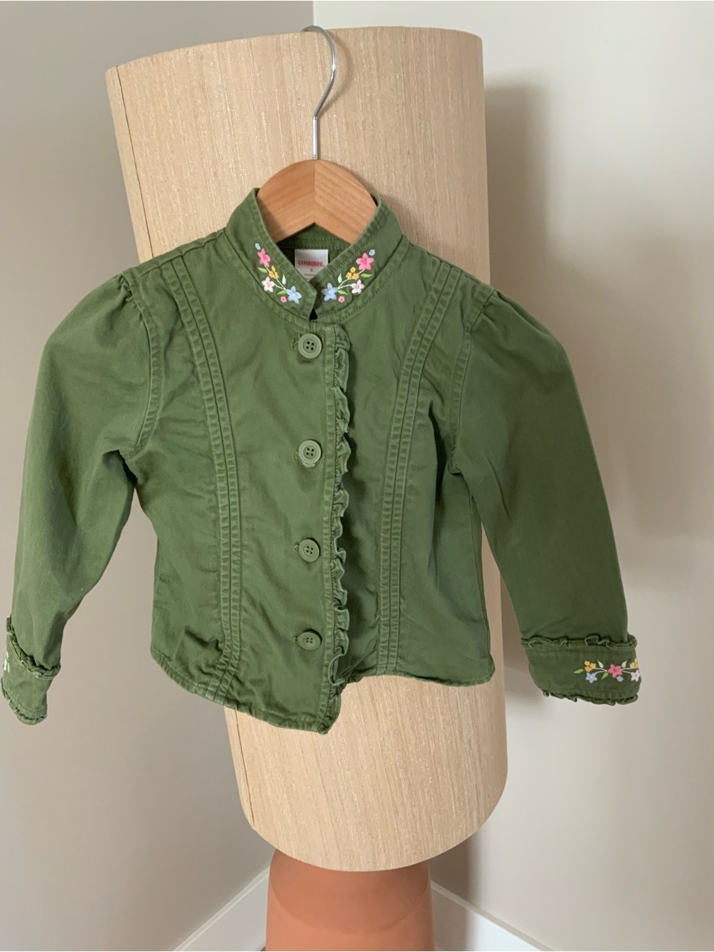 GymboreeGirl Olive Green Floral Trim Ruffle Jacket SZ 5 Cotton
